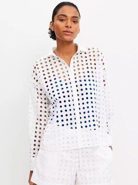 LOFT Beach Eyelet White Shirt 100% Cotton Size XS